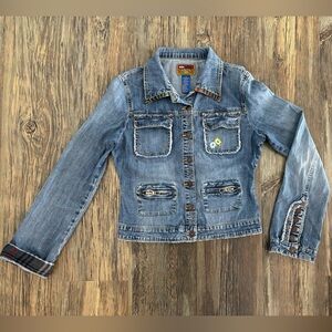 Vtg Blue Asphalt Denim Jean Jacket Womens Jrs Med Floral Embroidered Flannel Y2K